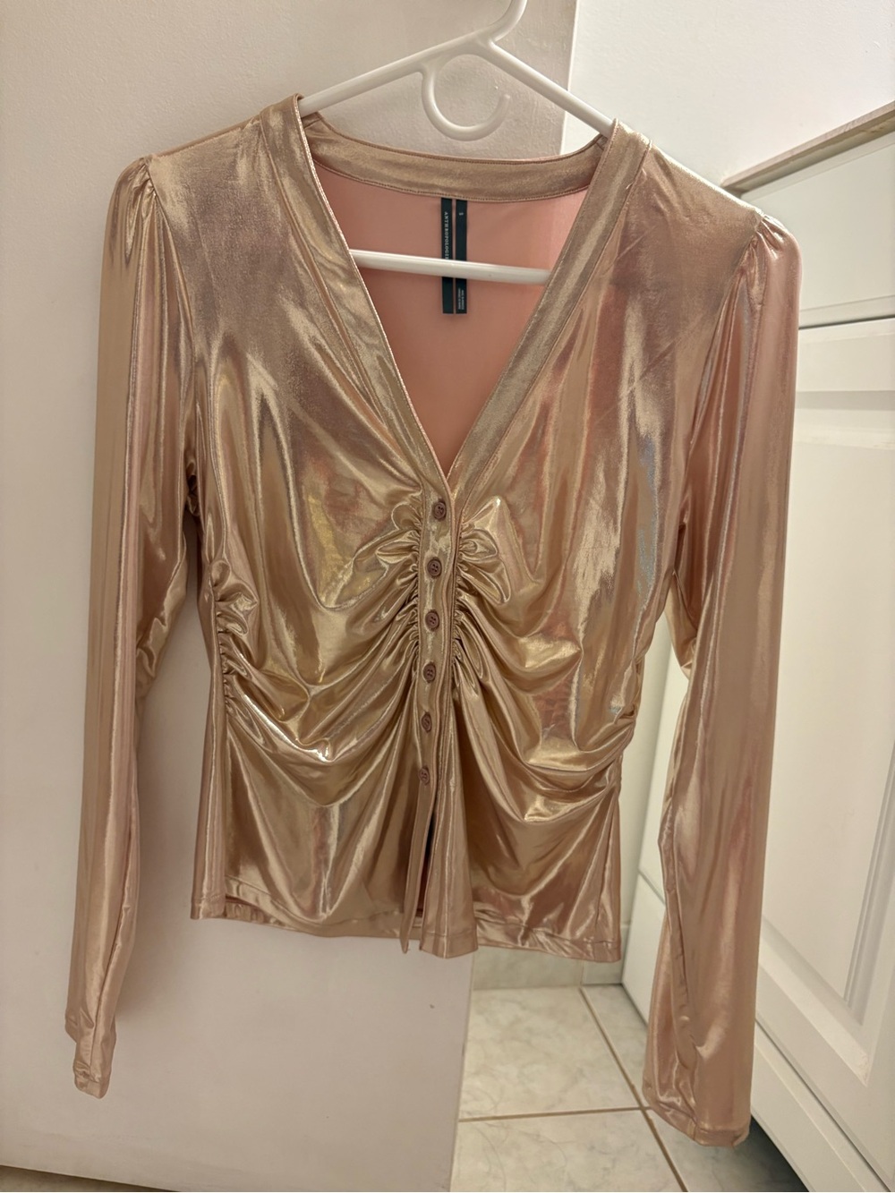 Anthropologie Metallic Rose Gold Ruched V-Neck Long Sleeve Top
